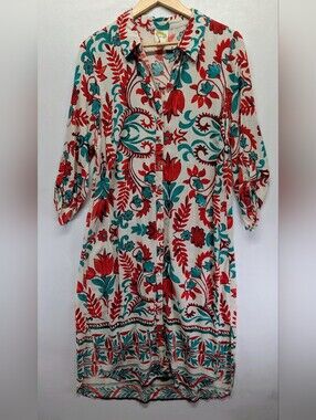 fig and flower Anthropologie Cream Midi Dress with Red & Teal Floral Print